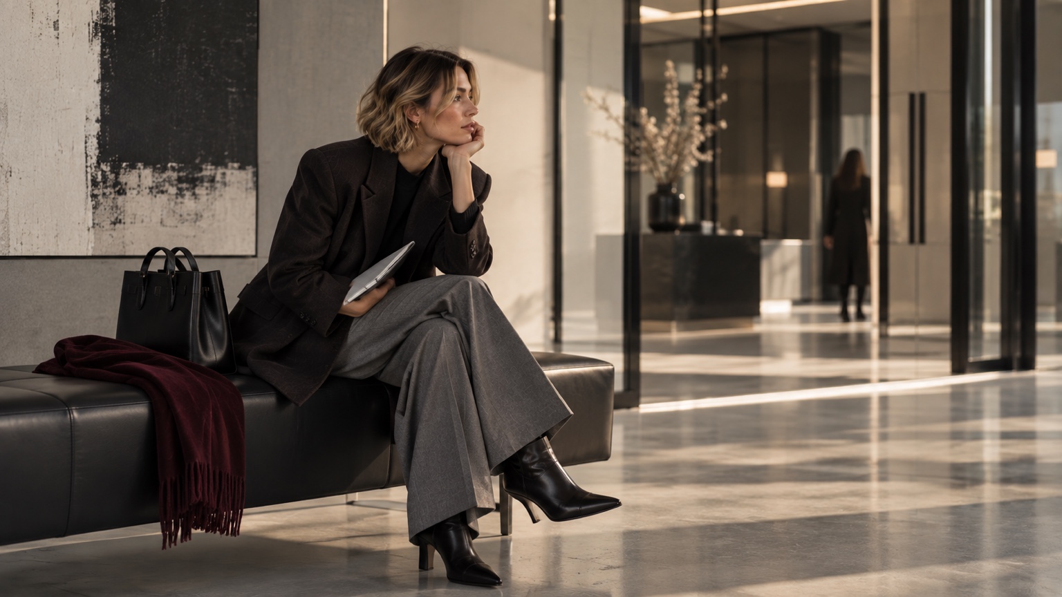 Woman waiting with her bag in a modern lobby before an interview