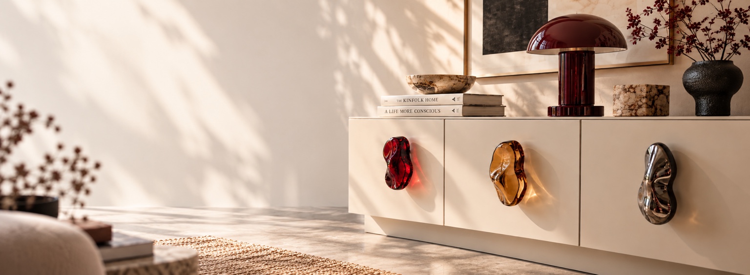 A pale cabinet with oversized ruby, amber and smoky chrome sculptural handles in warm natural light