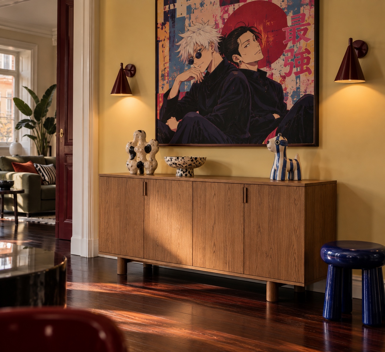 A new sideboard styled beneath expressive anime artwork