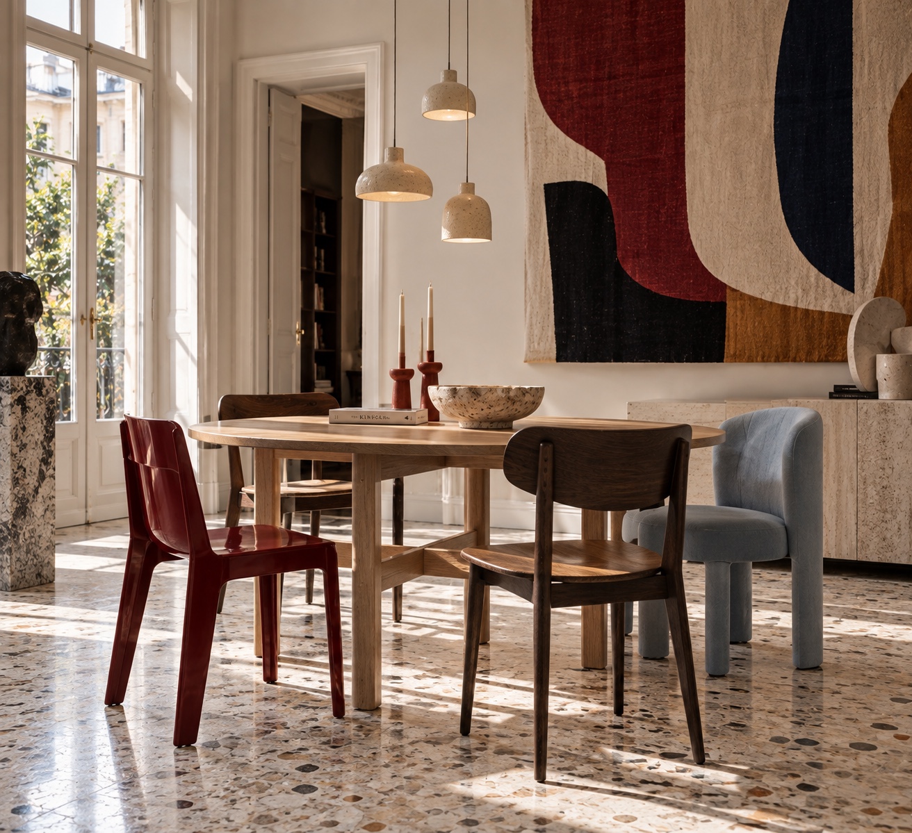 A simple dining table surrounded by deliberately mismatched chairs