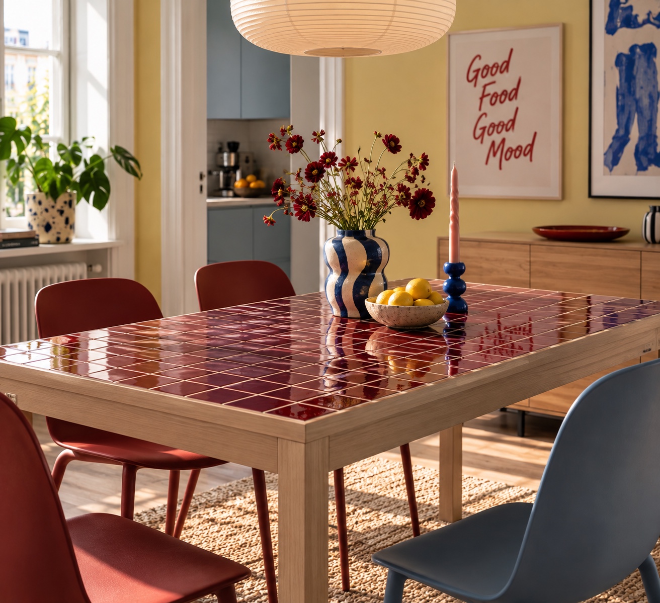 An IKEA furniture surface covered in small glossy tiles