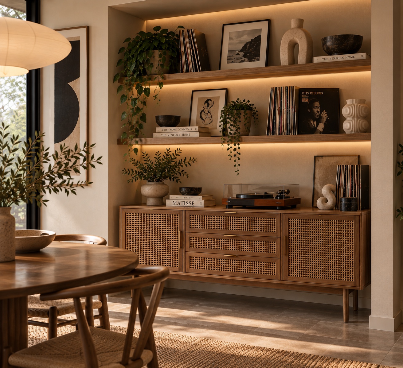 Light-wood sideboard with woven fronts, a turntable and record-filled shelves in a dining alcove